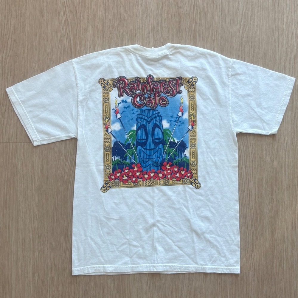 Vintage Rainforest Cafe Tiki Mask Graphic T-Shirt White Mens Medium Souvenir Tee